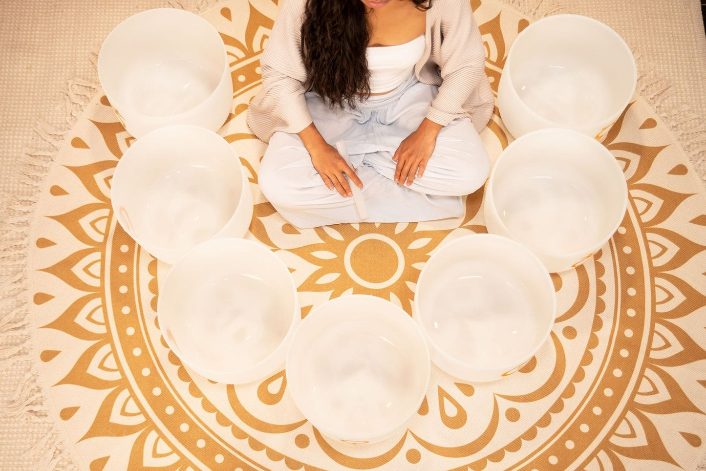 7 Planetary Crystal Singing Bowls – Cosmic Chakra Set | 12" White Frosted Quartz