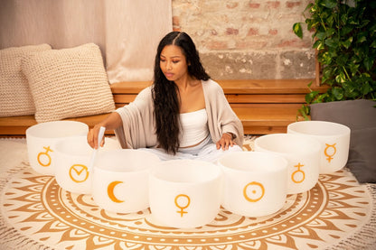 7 Planetary Crystal Singing Bowls – Cosmic Chakra Set | 12" White Frosted Quartz