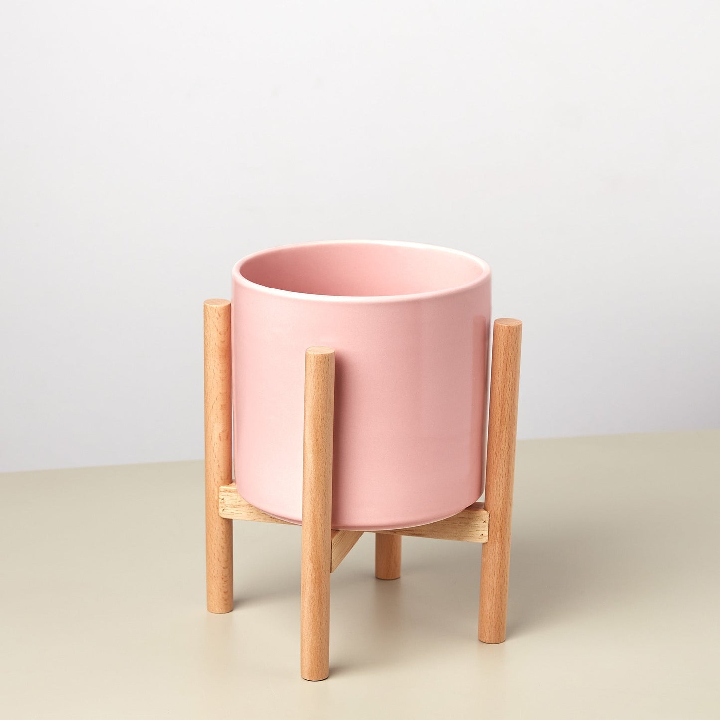 Cylinder Planter with Wood Stand - 5" Pot, multiple colors