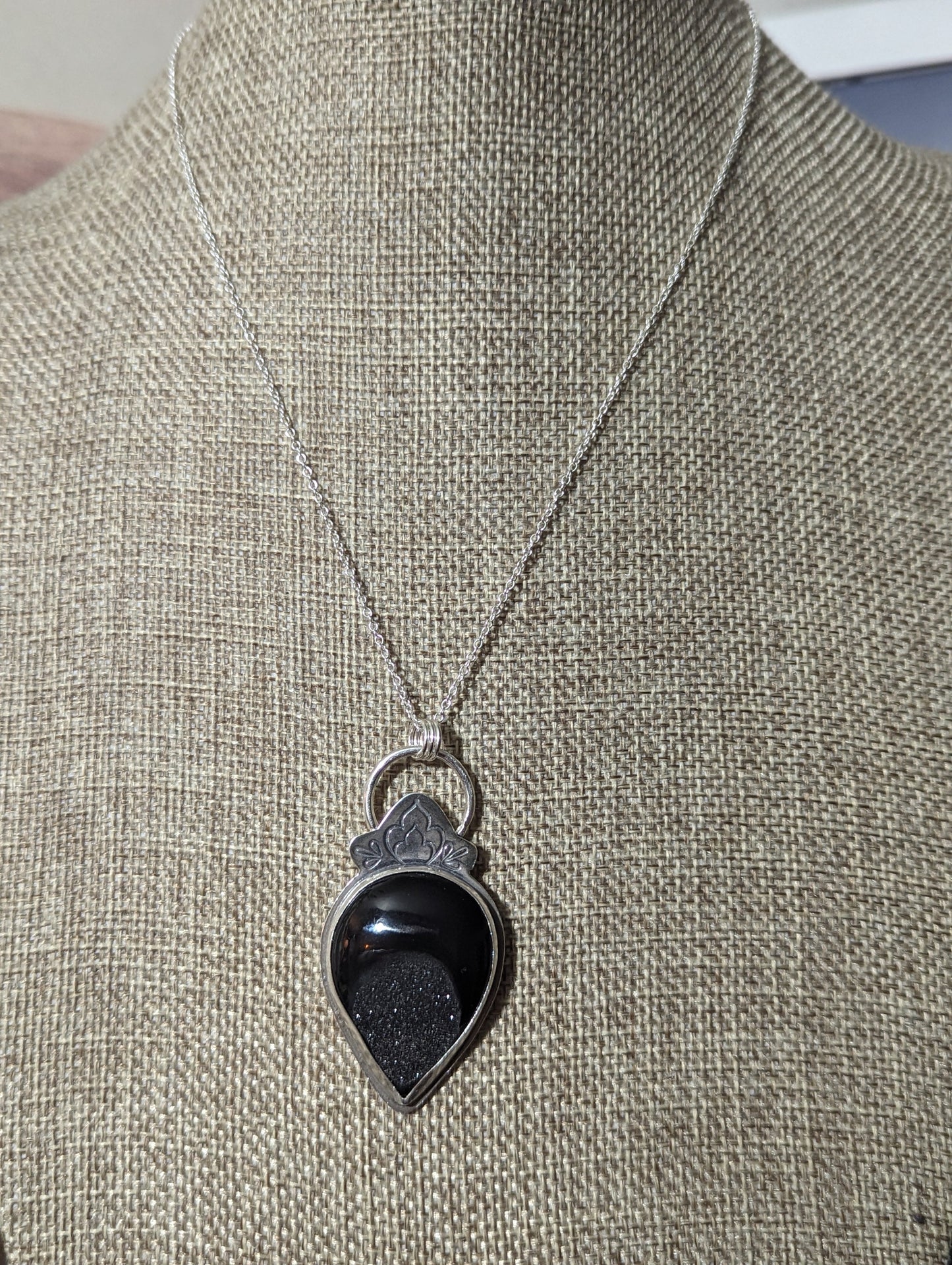 Black Druzy Stamped Sterling Silver Necklace