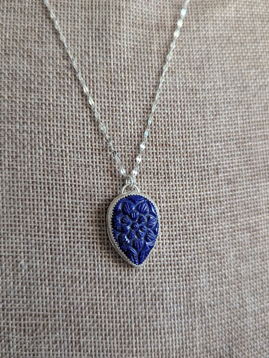 Carved Tear Drop Lapis Lazuli Sterling Silver Necklace
