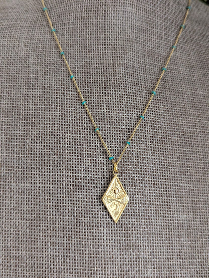 Diamond Sun Moon Mountain Gold and Turquoise Necklace