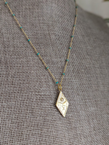 Diamond Sun Moon Mountain Gold and Turquoise Necklace