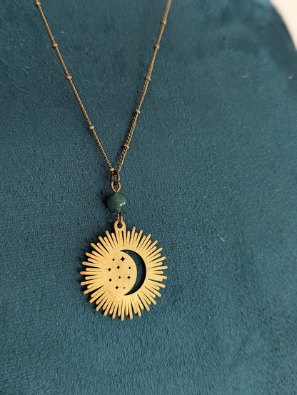 Brass Crescent Moon Rays Necklace with Moss Agate – Celestial Jewelry