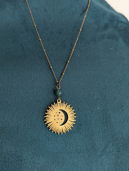 Brass Crescent Moon Rays Necklace with Moss Agate – Celestial Jewelry