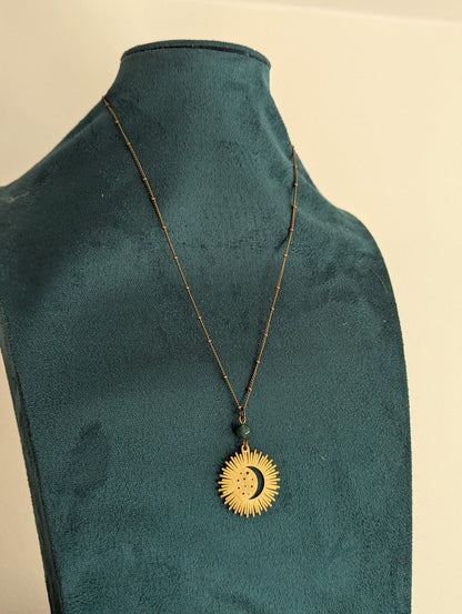 Brass Crescent Moon Rays Necklace with Moss Agate – Celestial Jewelry