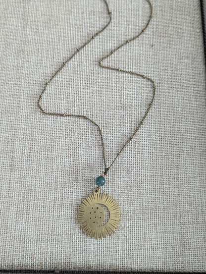 Brass Crescent Moon Rays Necklace with Moss Agate – Celestial Jewelry