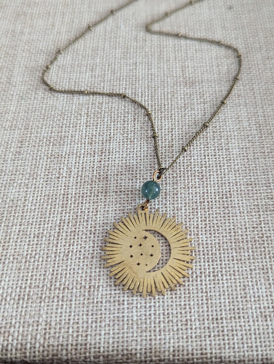 Brass Crescent Moon Rays Necklace with Moss Agate – Celestial Jewelry