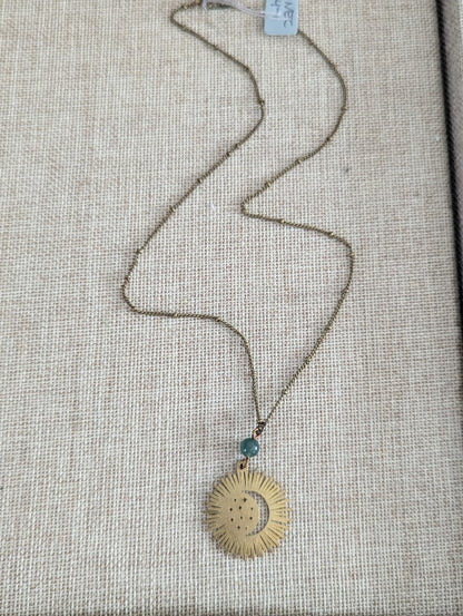 Brass Crescent Moon Rays Necklace with Moss Agate – Celestial Jewelry