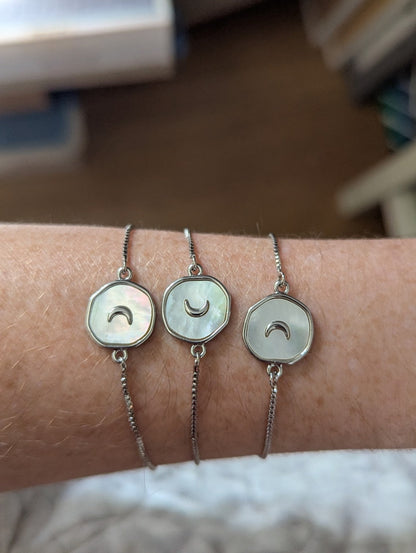 Freshwater Pearl Crescent Moon Bracelet – Silver or Gold | Adjustable Slider