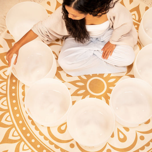 7 Planetary Crystal Singing Bowls – Cosmic Chakra Set | 12" White Frosted Quartz