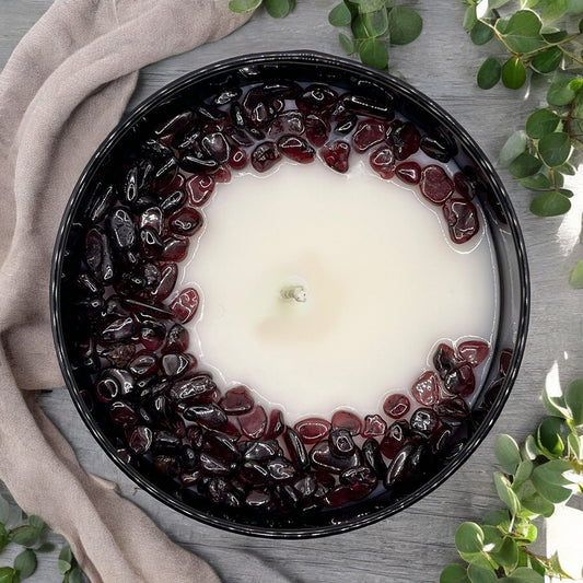 Eucalyptus Mint Crystal Candle with Garnet | Coconut-Soy Wax Candle, 9oz