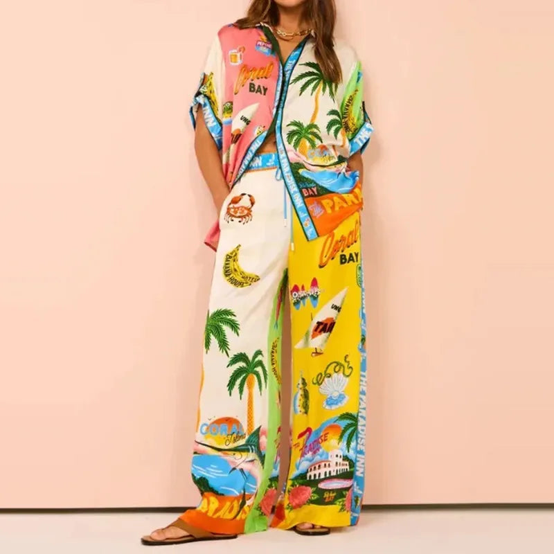 2025 Women's Graffiti Casual Shirt Women's Personalized Collar Long Sleeve Fashion Printed Set Women's Two Piece Set