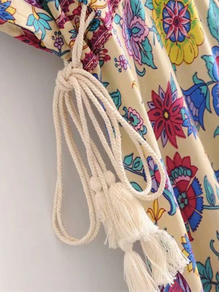 Vintage Chic Women Peacock Floral Print Bat Sleeve Beach Bohemian Maxi Dresses Robe Ladies V-neck Tassel Summer Boho Dress