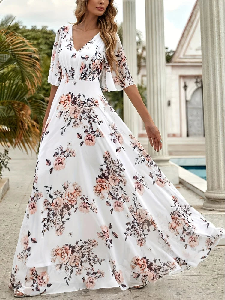 Wefads Women Long Dress Summer Casual Sexy V-Neck Lotus Leaf Sleeves Printed Beach Holiday Dresses