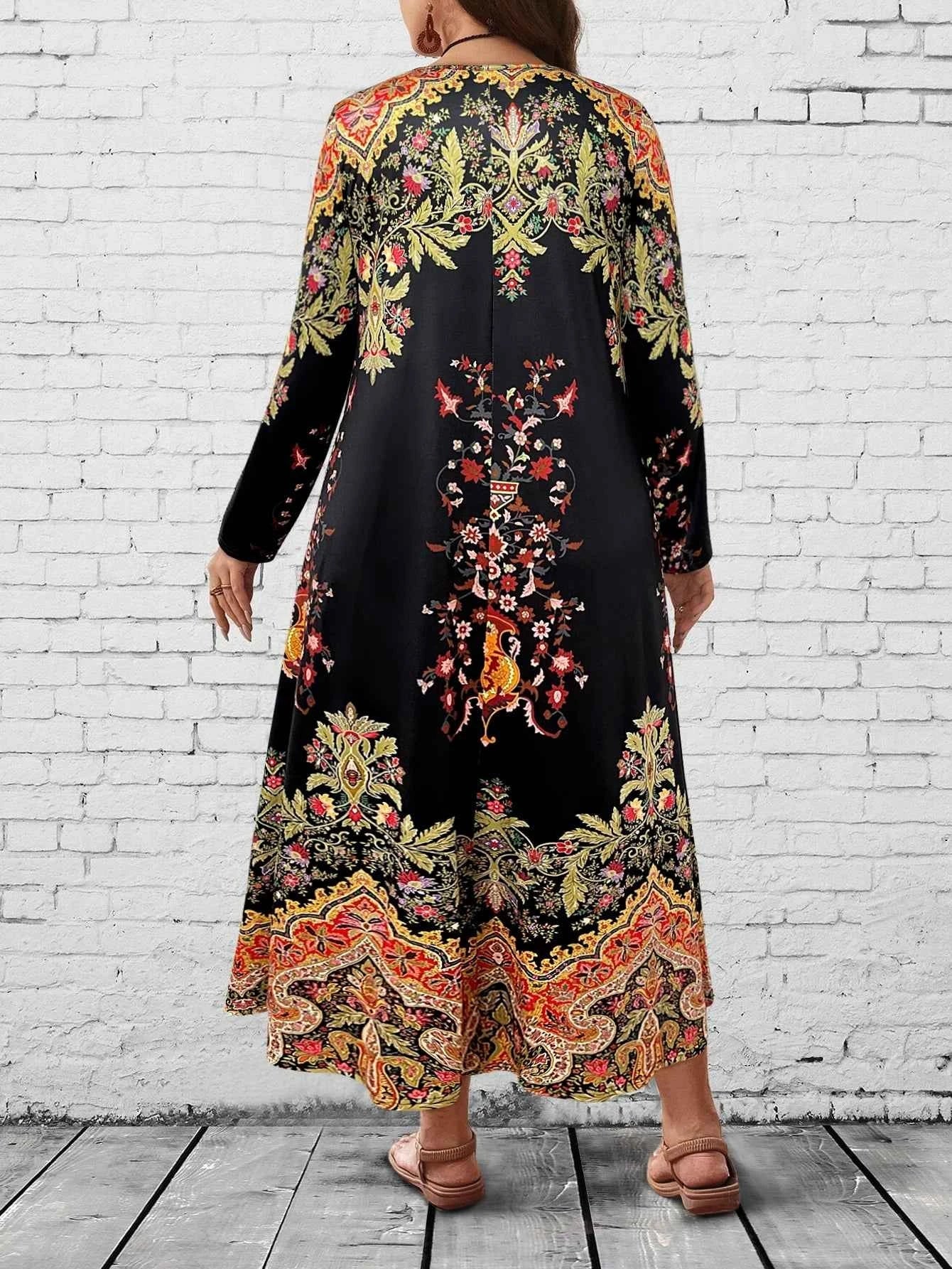 Plus Size Women's Boho Floral Maxi Dress, Long - Sleeve V - Neck, Ethnic Print