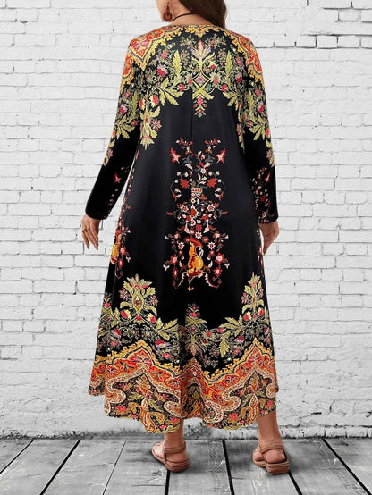 Plus Size Women's Boho Floral Maxi Dress, Long - Sleeve V - Neck, Ethnic Print