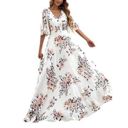 Wefads Women Long Dress Summer Casual Sexy V-Neck Lotus Leaf Sleeves Printed Beach Holiday Dresses