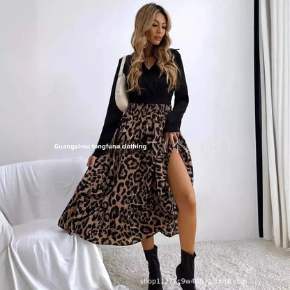 Elegant Leopard Print Halter Neck Mini Dress Polyester Fiber Ruffles Decoration Cross-Border New Arrival 2024 Women's Skirt