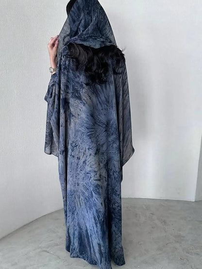 Middle Eastern Tie Dye Loose Abaya Full Sleeve Open Front Abayas Turkey Kaftan Arabian Maxi Dresses Women Jilbabs Without Hijab
