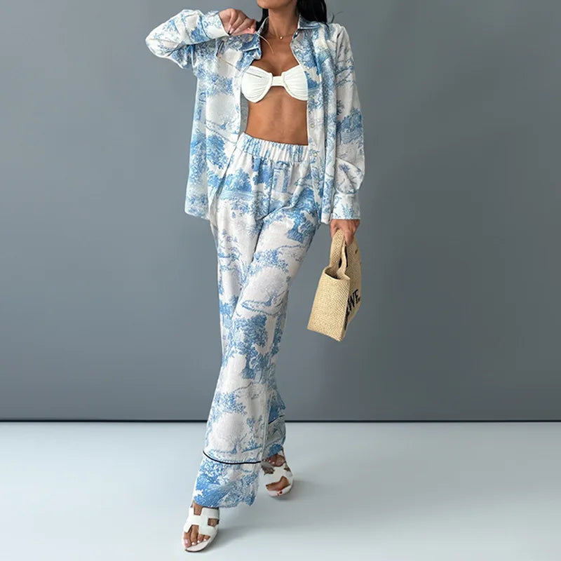 2025 Women's Graffiti Casual Shirt Women's Personalized Collar Long Sleeve Fashion Printed Set Women's Two Piece Set