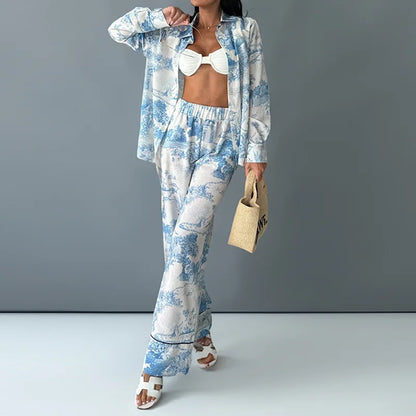 2025 Women's Graffiti Casual Shirt Women's Personalized Collar Long Sleeve Fashion Printed Set Women's Two Piece Set