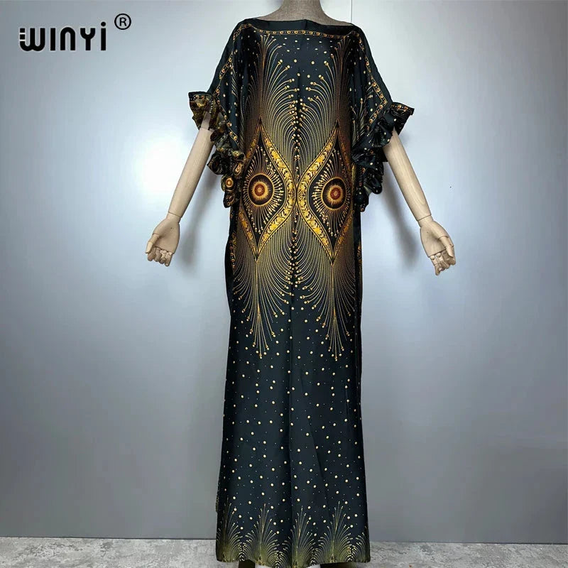 WINYI summer boho evening dress dubai luxury Female loose Print kaftan muslim woman clothing holiday beach dress fashion Caftan