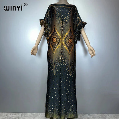 WINYI summer boho evening dress dubai luxury Female loose Print kaftan muslim woman clothing holiday beach dress fashion Caftan