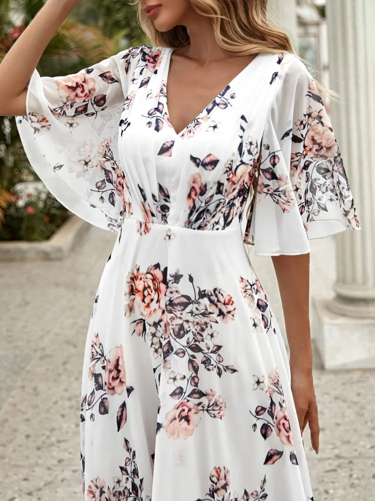 Wefads Women Long Dress Summer Casual Sexy V-Neck Lotus Leaf Sleeves Printed Beach Holiday Dresses