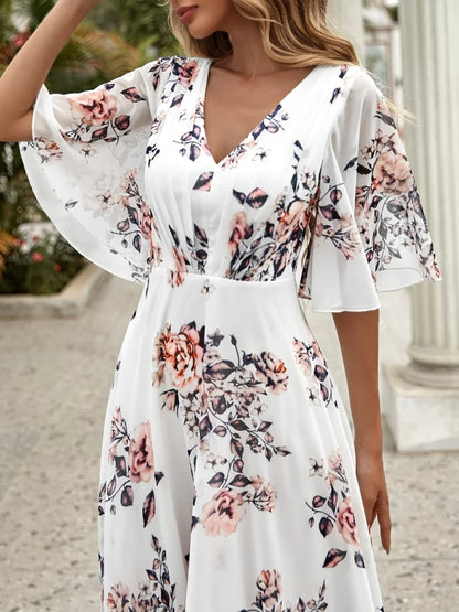 Wefads Women Long Dress Summer Casual Sexy V-Neck Lotus Leaf Sleeves Printed Beach Holiday Dresses