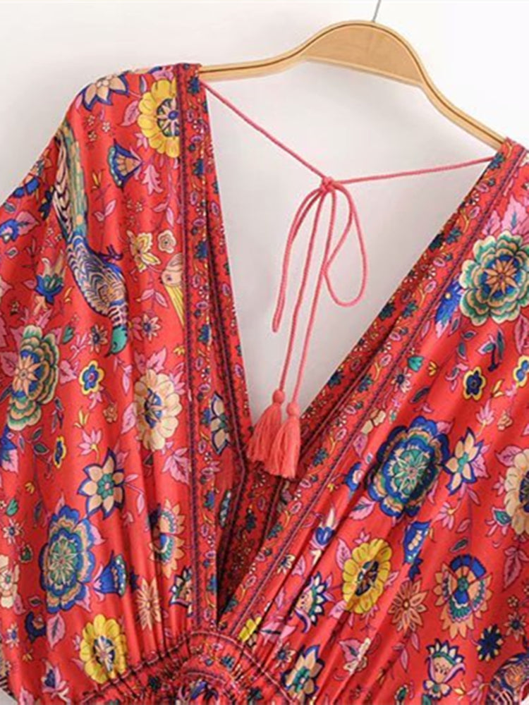 Vintage Chic Women Peacock Floral Print Bat Sleeve Beach Bohemian Maxi Dresses Robe Ladies V-neck Tassel Summer Boho Dress