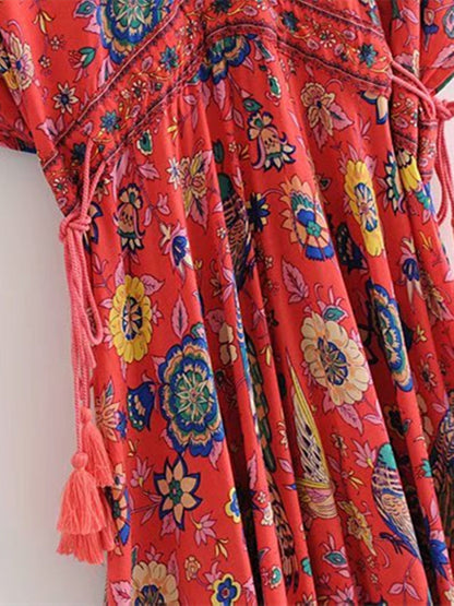 Vintage Chic Women Peacock Floral Print Bat Sleeve Beach Bohemian Maxi Dresses Robe Ladies V-neck Tassel Summer Boho Dress