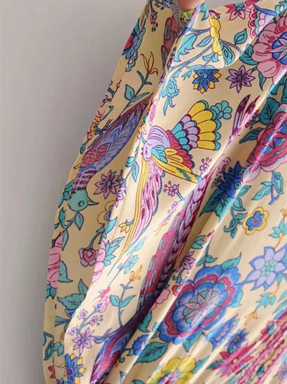 Vintage Chic Women Peacock Floral Print Bat Sleeve Beach Bohemian Maxi Dresses Robe Ladies V-neck Tassel Summer Boho Dress