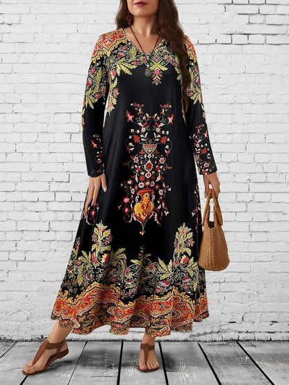 Plus Size Women's Boho Floral Maxi Dress, Long - Sleeve V - Neck, Ethnic Print