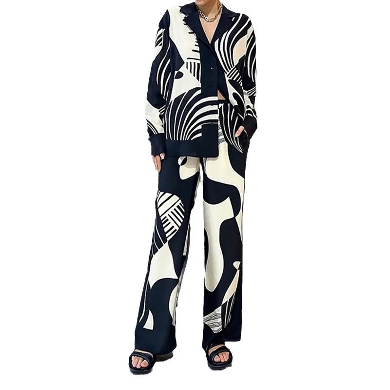 2025 Women's Graffiti Casual Shirt Women's Personalized Collar Long Sleeve Fashion Printed Set Women's Two Piece Set