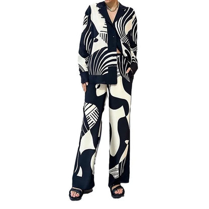 2025 Women's Graffiti Casual Shirt Women's Personalized Collar Long Sleeve Fashion Printed Set Women's Two Piece Set