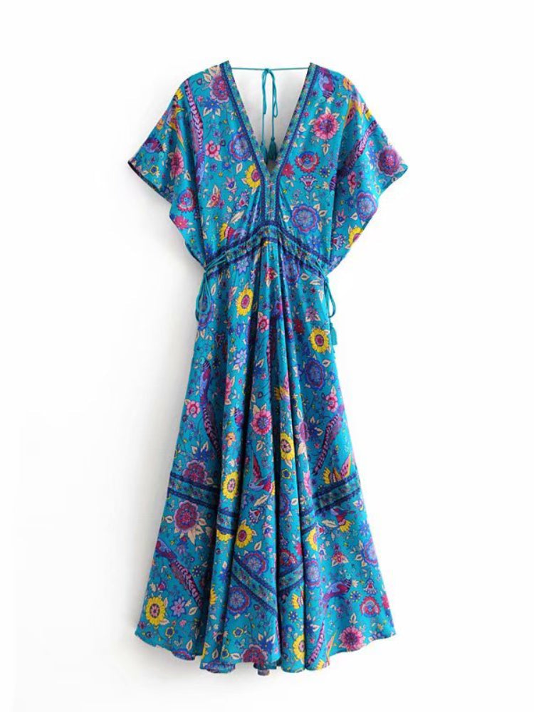 Vintage Chic Women Peacock Floral Print Bat Sleeve Beach Bohemian Maxi Dresses Robe Ladies V-neck Tassel Summer Boho Dress