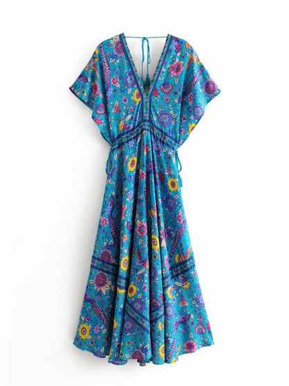 Vintage Chic Women Peacock Floral Print Bat Sleeve Beach Bohemian Maxi Dresses Robe Ladies V-neck Tassel Summer Boho Dress