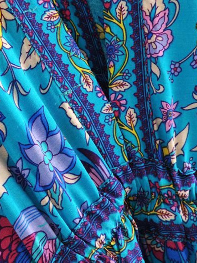Vintage Chic Women Peacock Floral Print Bat Sleeve Beach Bohemian Maxi Dresses Robe Ladies V-neck Tassel Summer Boho Dress