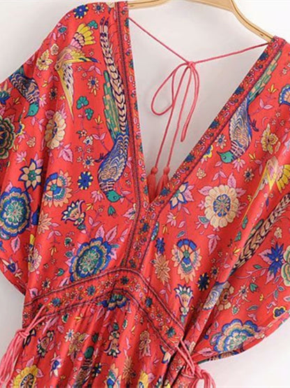 Vintage Chic Women Peacock Floral Print Bat Sleeve Beach Bohemian Maxi Dresses Robe Ladies V-neck Tassel Summer Boho Dress
