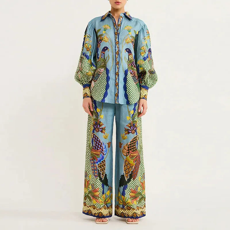 2025 Women's Graffiti Casual Shirt Women's Personalized Collar Long Sleeve Fashion Printed Set Women's Two Piece Set