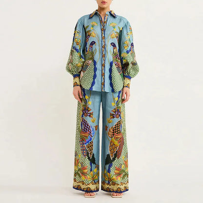 2025 Women's Graffiti Casual Shirt Women's Personalized Collar Long Sleeve Fashion Printed Set Women's Two Piece Set