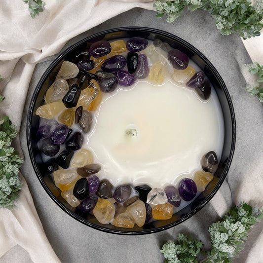Sea Salt Eucalyptus Crystal Candle with Obsidian, Citrine, & Amethyst | Coconut-Soy Wax Candle, 9oz