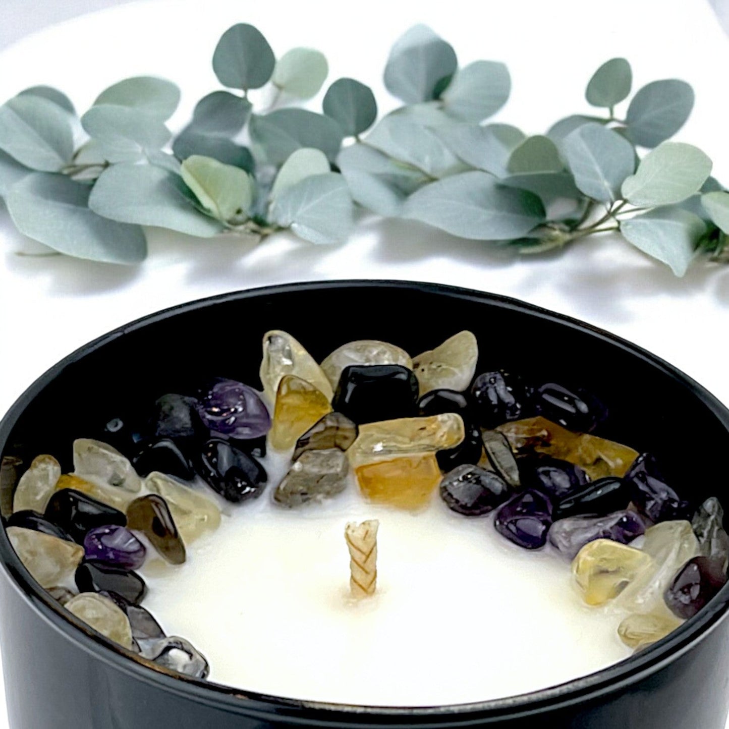 Sea Salt Eucalyptus Crystal Candle with Obsidian, Citrine, & Amethyst | Coconut-Soy Wax Candle, 9oz