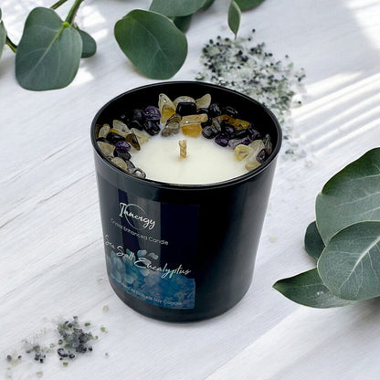 Sea Salt Eucalyptus Crystal Candle with Obsidian, Citrine, & Amethyst | Coconut-Soy Wax Candle, 9oz