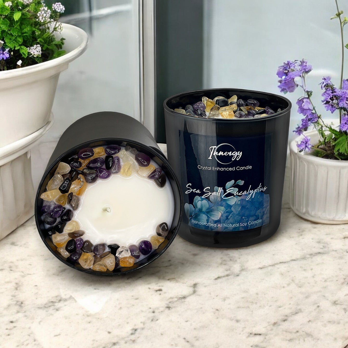 Sea Salt Eucalyptus Crystal Candle with Obsidian, Citrine, & Amethyst | Coconut-Soy Wax Candle, 9oz