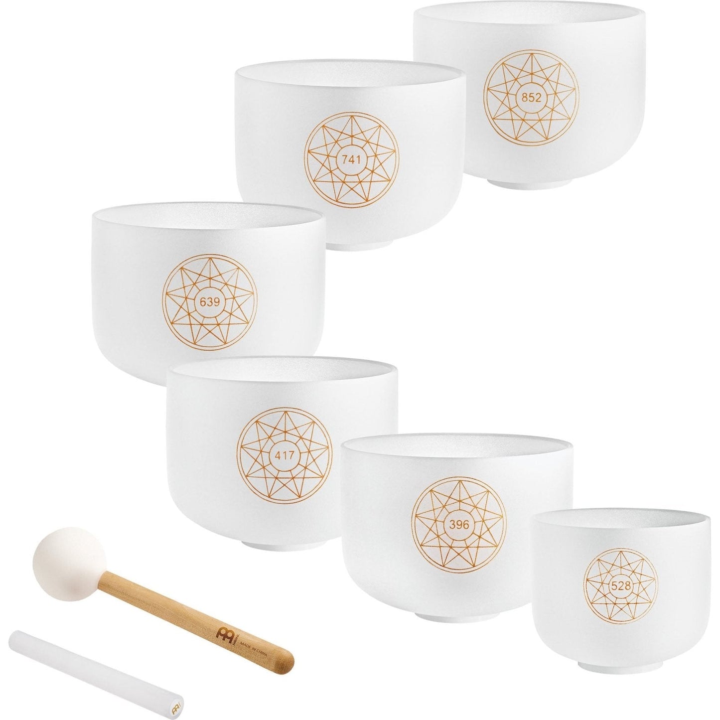 Solfeggio Crystal Singing Bowl Set – 6 White Frosted Quartz Bowls (396–852 Hz)