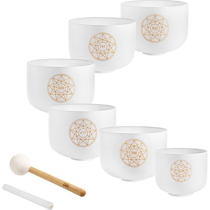 Solfeggio Crystal Singing Bowl Set – 6 White Frosted Quartz Bowls (396–852 Hz)