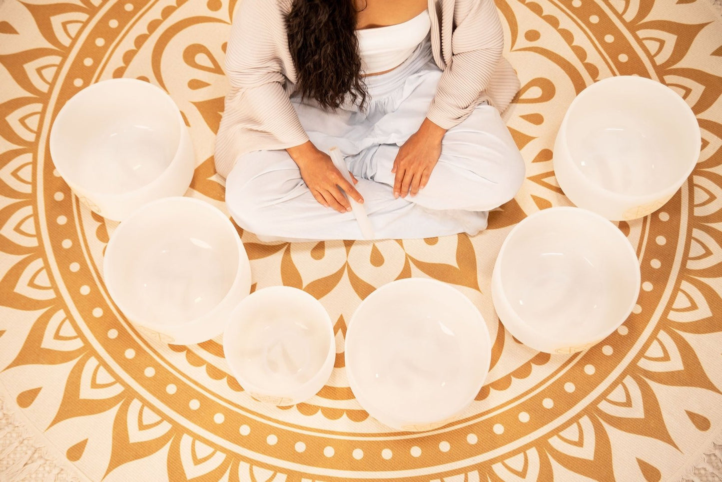 Solfeggio Crystal Singing Bowl Set – 6 White Frosted Quartz Bowls (396–852 Hz)