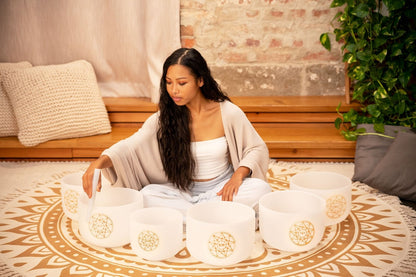 Solfeggio Crystal Singing Bowl Set – 6 White Frosted Quartz Bowls (396–852 Hz)